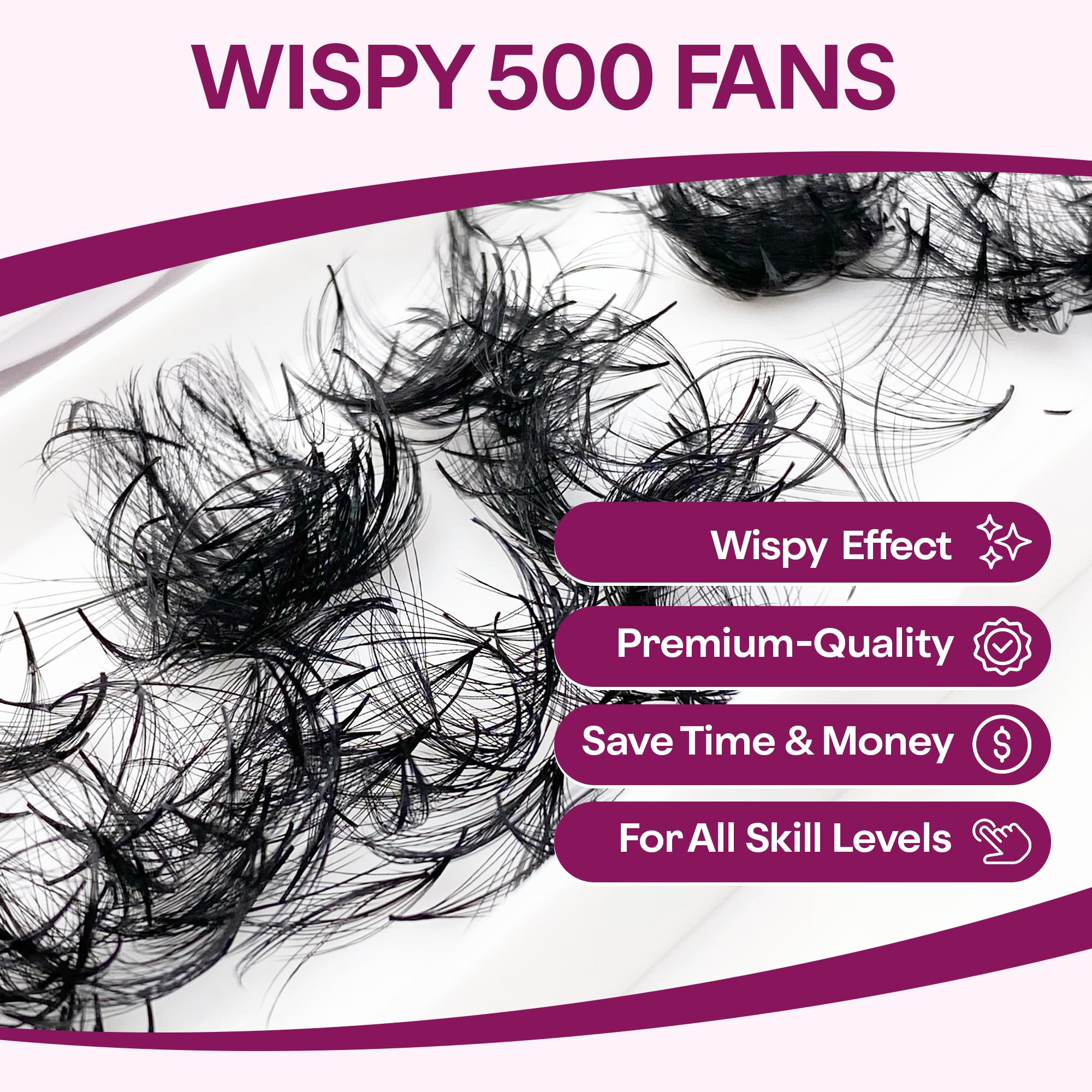 Glamgaze 500 Wispy Promade Fans – 5D-9D, C/CC/D Curl, 0.05–0.07mm, 9–16mm | Premade Lash Extensions