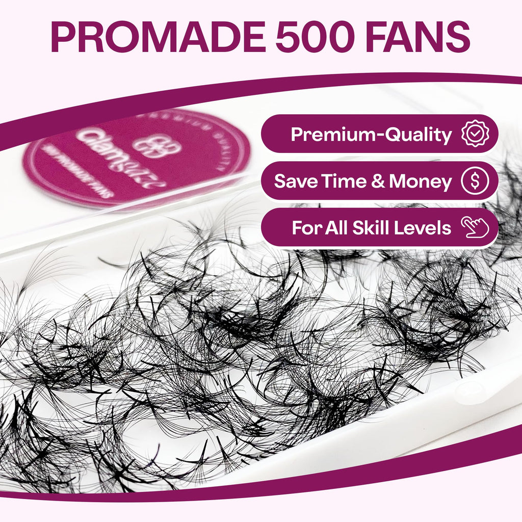 Glamgaze 500 Premade Lash Fans – 3D to 16D Curl, 0.05-0.07mm, 8-17mm