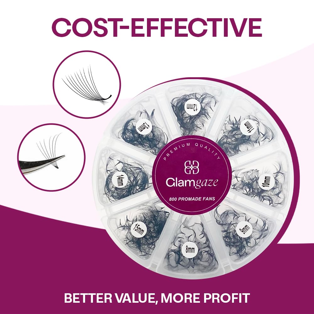 Glamgaze GLAMGAZE 800 Promade Fans – 8-15mm Mixed Lengths, 5D–16D, C/CC/D Curl, 0.05–0.07mm