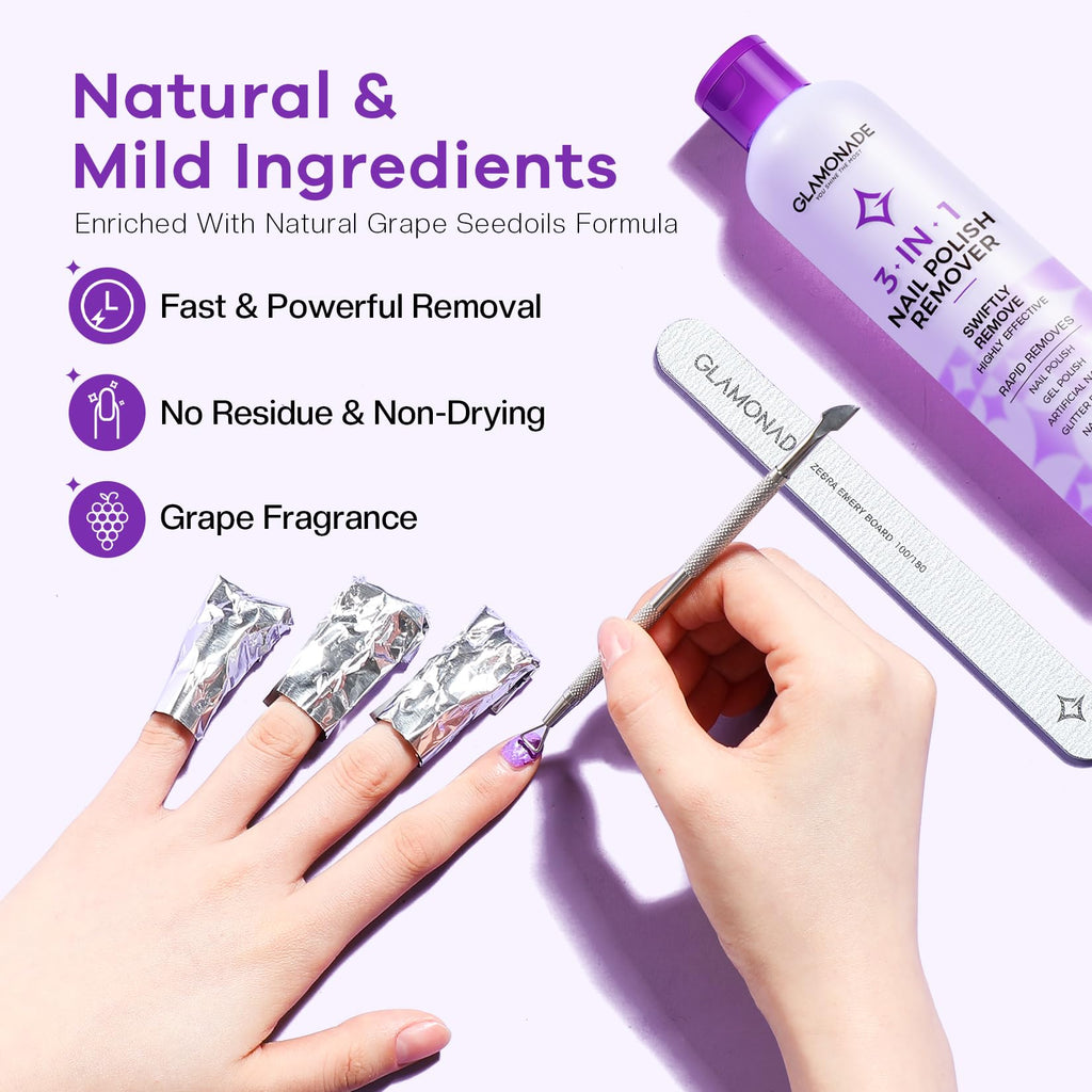 Glamonade Acetone Nail Polish Remover – 8 oz x 2 Pack for Gel, Acrylic, Dip Powder (Grape Seed Oil)