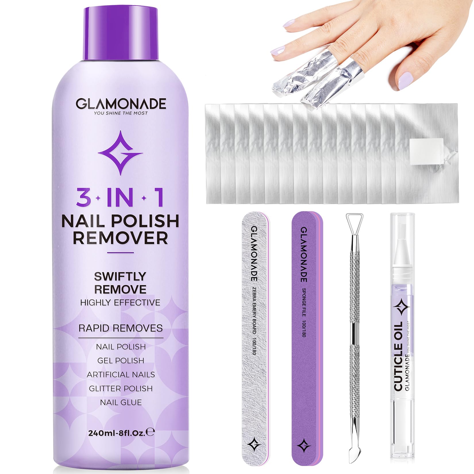 Glamonade Acetone Nail Polish Remover Kit: Gel Polish Remover with 100 Foil Wraps, Nail File & Cuticle Oil (8 Fl. Oz.)