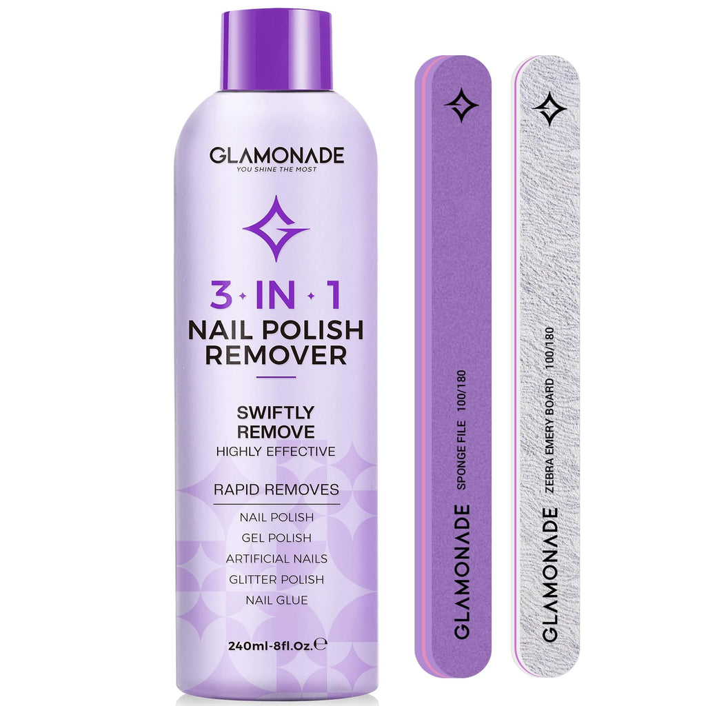 Glamonade Acetone Nail Polish Remover Kit | Gel, Acrylic & Glitter Removal at Home (8 Fl Oz) with File & Buffer