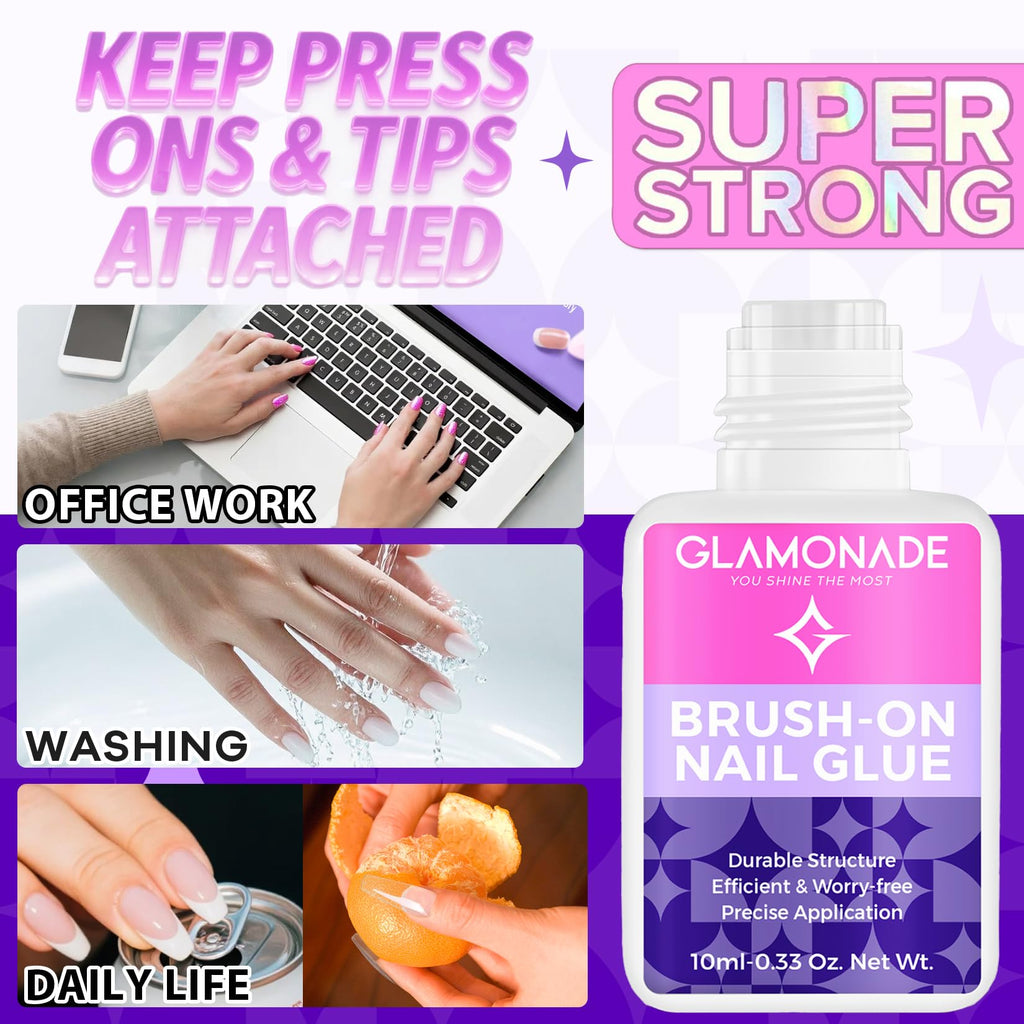 Glamonade Super Strong Brush-On Nail Glue with Tip Applicator | Mess-Free, Quick-Dry & Travel-Friendly