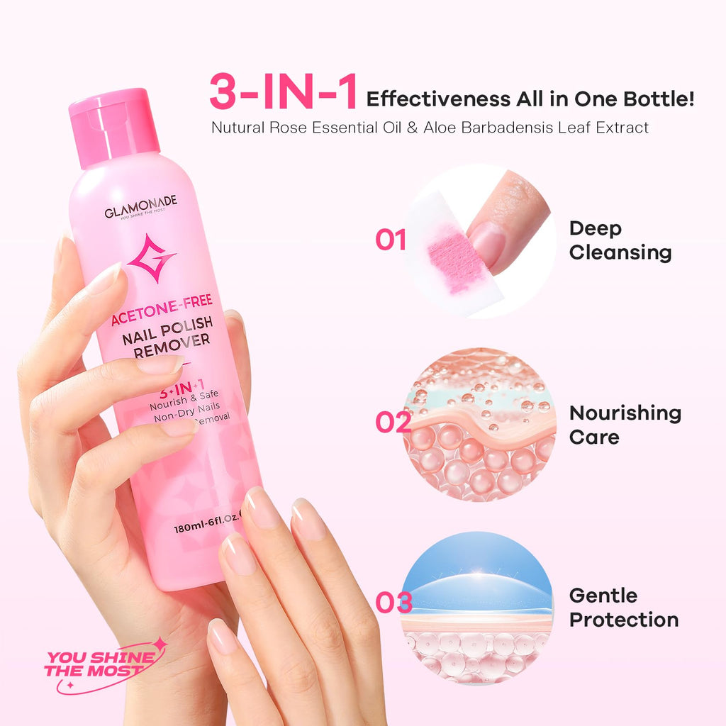 Glamonade Gel Nail Polish Remover – Non-Acetone Soak Off, Rose Seed Oil, 6 oz | Home Salon Essentials
