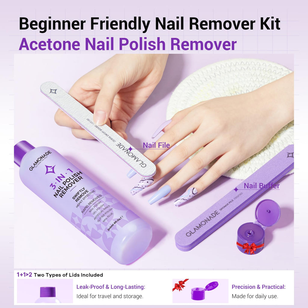 Glamonade Acetone Nail Polish Remover Kit | Gel, Acrylic & Glitter Removal at Home (8 Fl Oz) with File & Buffer