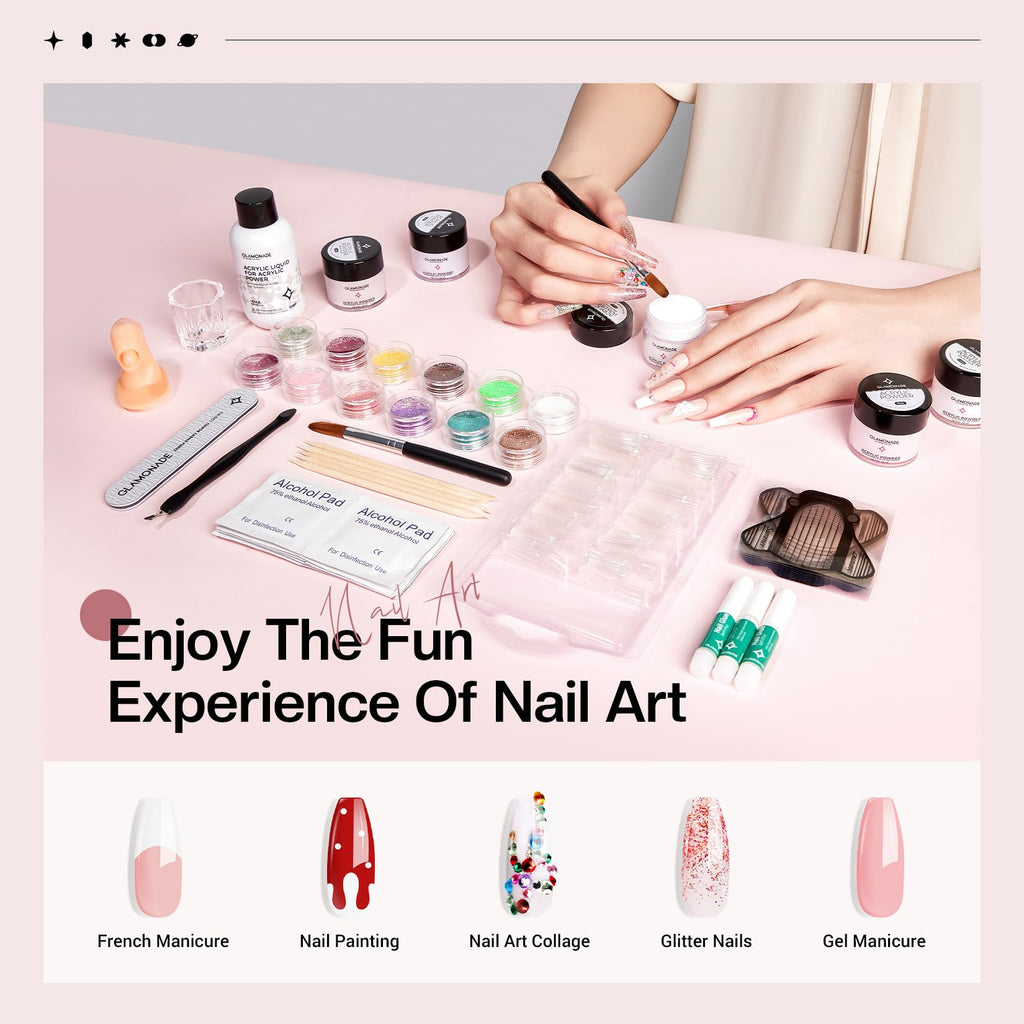 Glamonade Nail Kit Acrylic Set – Pink White Clear Purple Nude Powder + Tools for Beginners