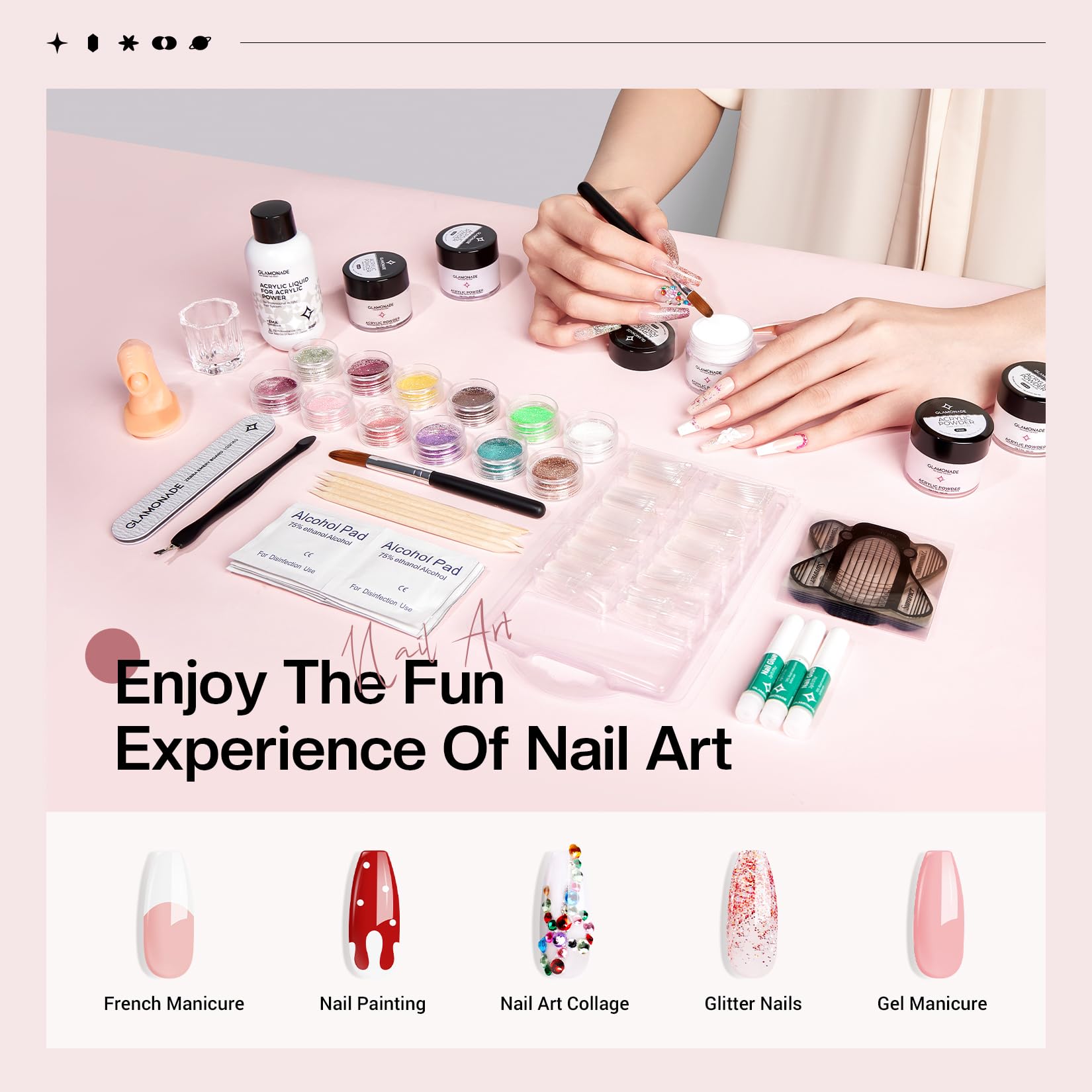 Glamonade Nail Kit Acrylic Set – Pink White Clear Purple Nude Powder + Tools for Beginners