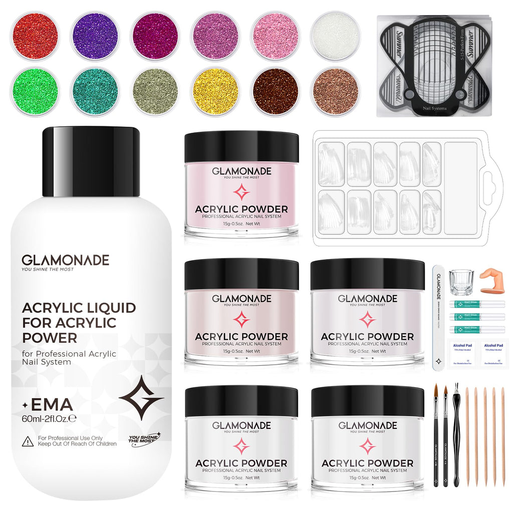 Glamonade Nail Kit Acrylic Set – Pink White Clear Purple Nude Powder + Tools for Beginners