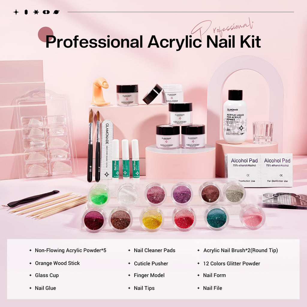 Glamonade Nail Kit Acrylic Set – Pink White Clear Purple Nude Powder + Tools for Beginners