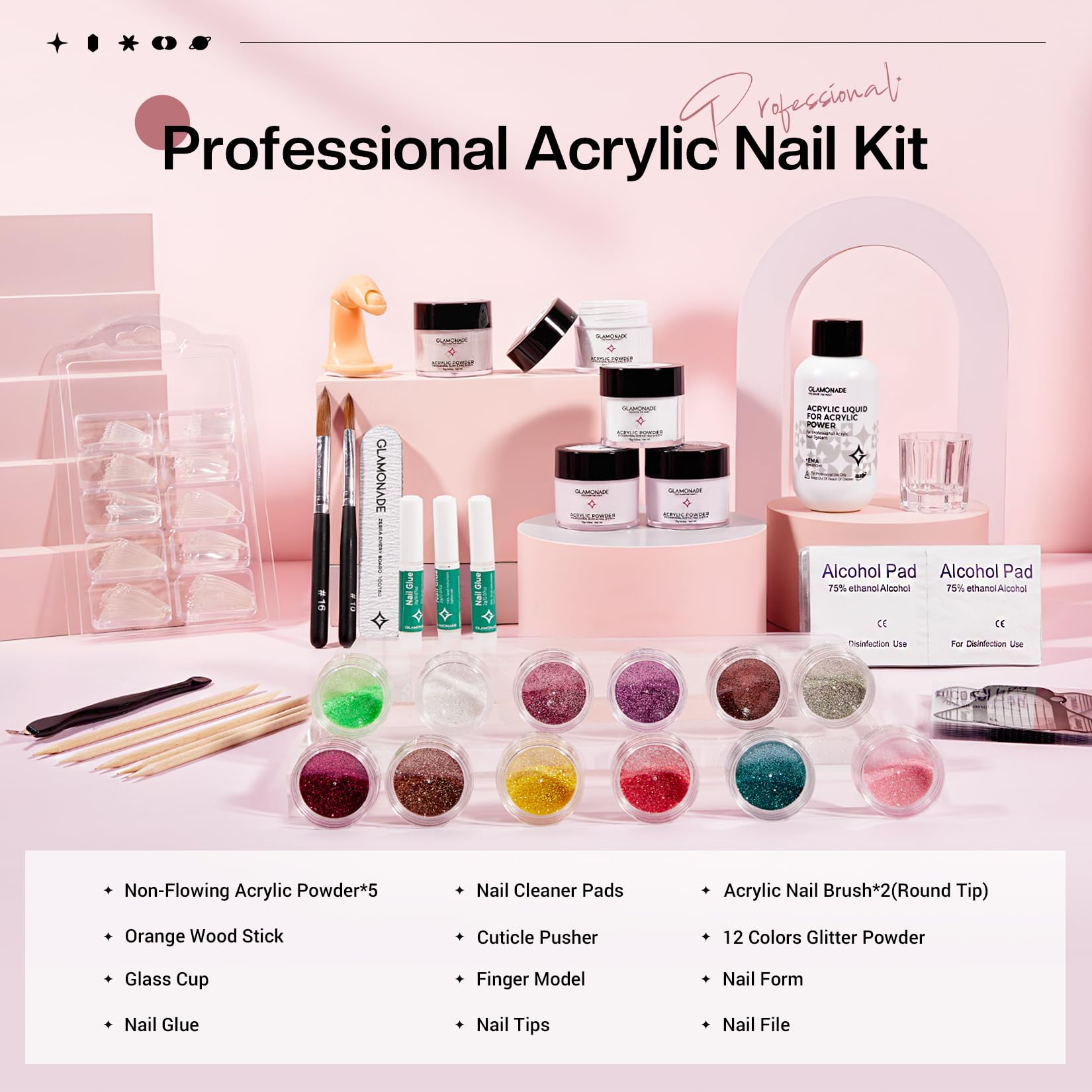 Glamonade Nail Kit Acrylic Set – Pink White Clear Purple Nude Powder + Tools for Beginners
