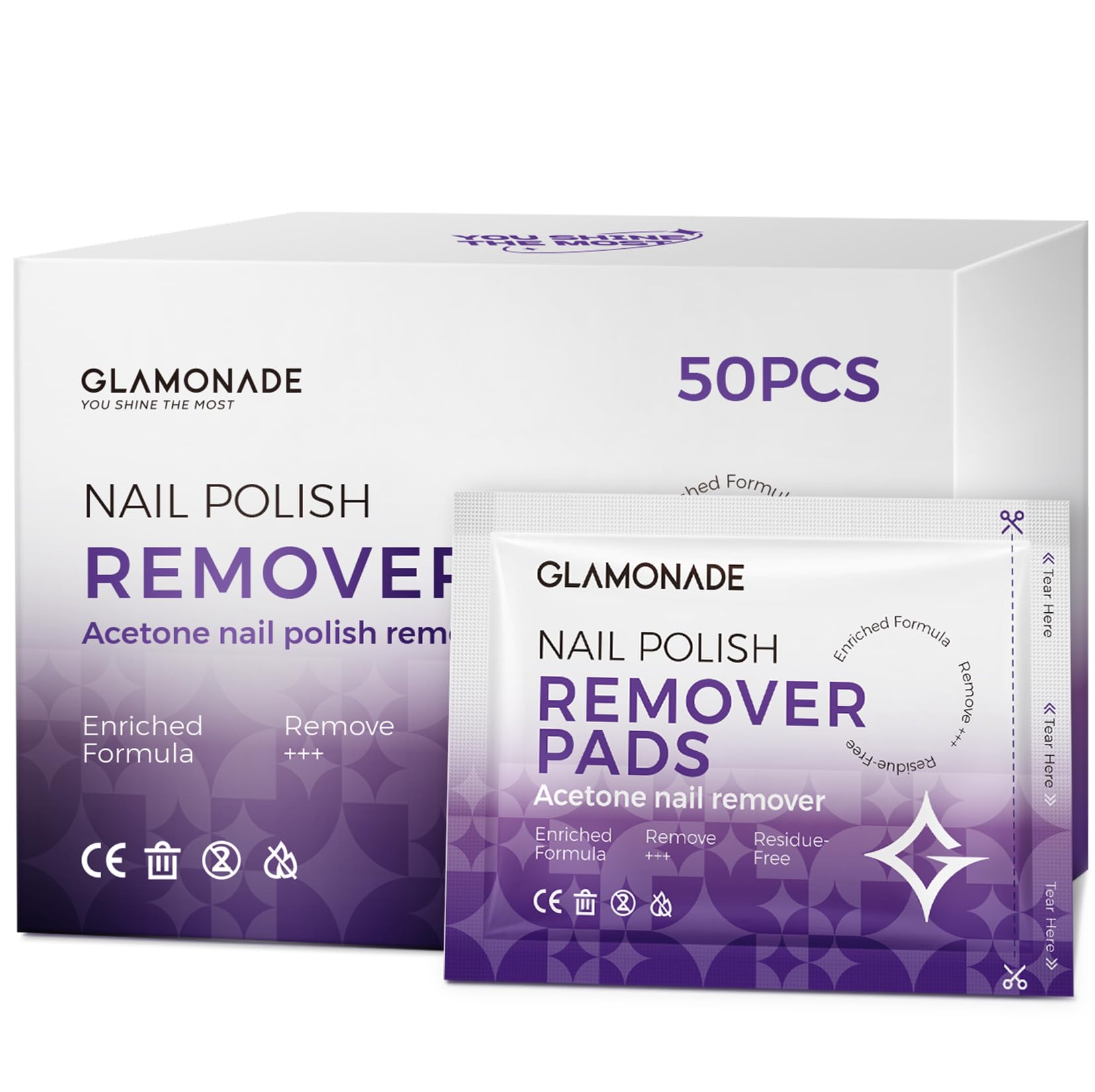 Glamonade Nail Polish Remover Pads 50 Pack Bulk Set | Quick Gel & Regular Polish Removal