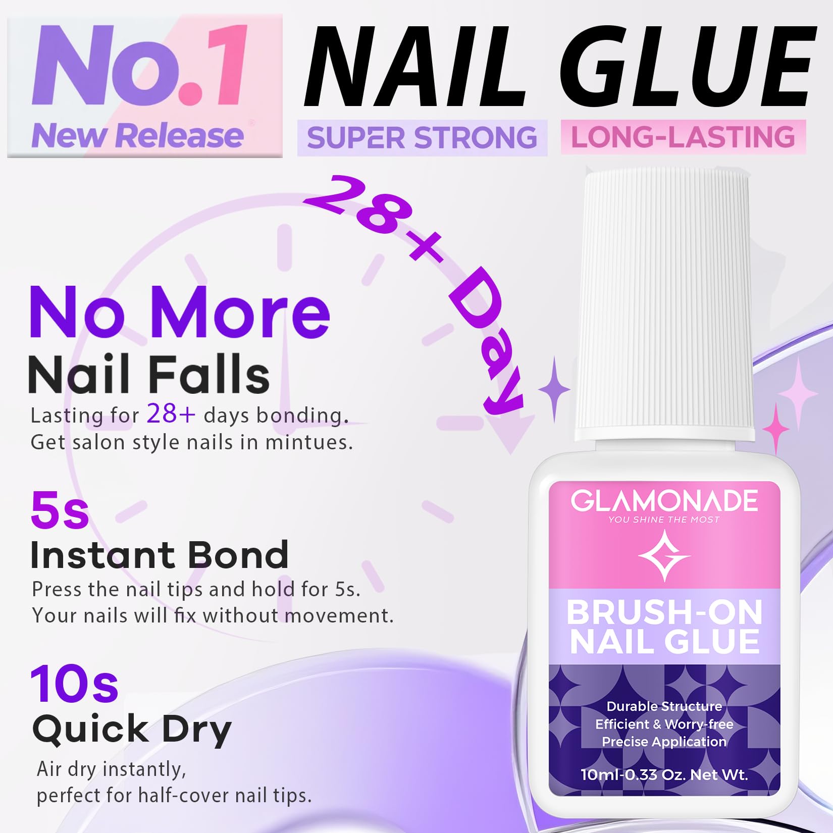 Glamonade Super Strong Brush-On Nail Glue with Tip Applicator | Mess-Free, Quick-Dry & Travel-Friendly