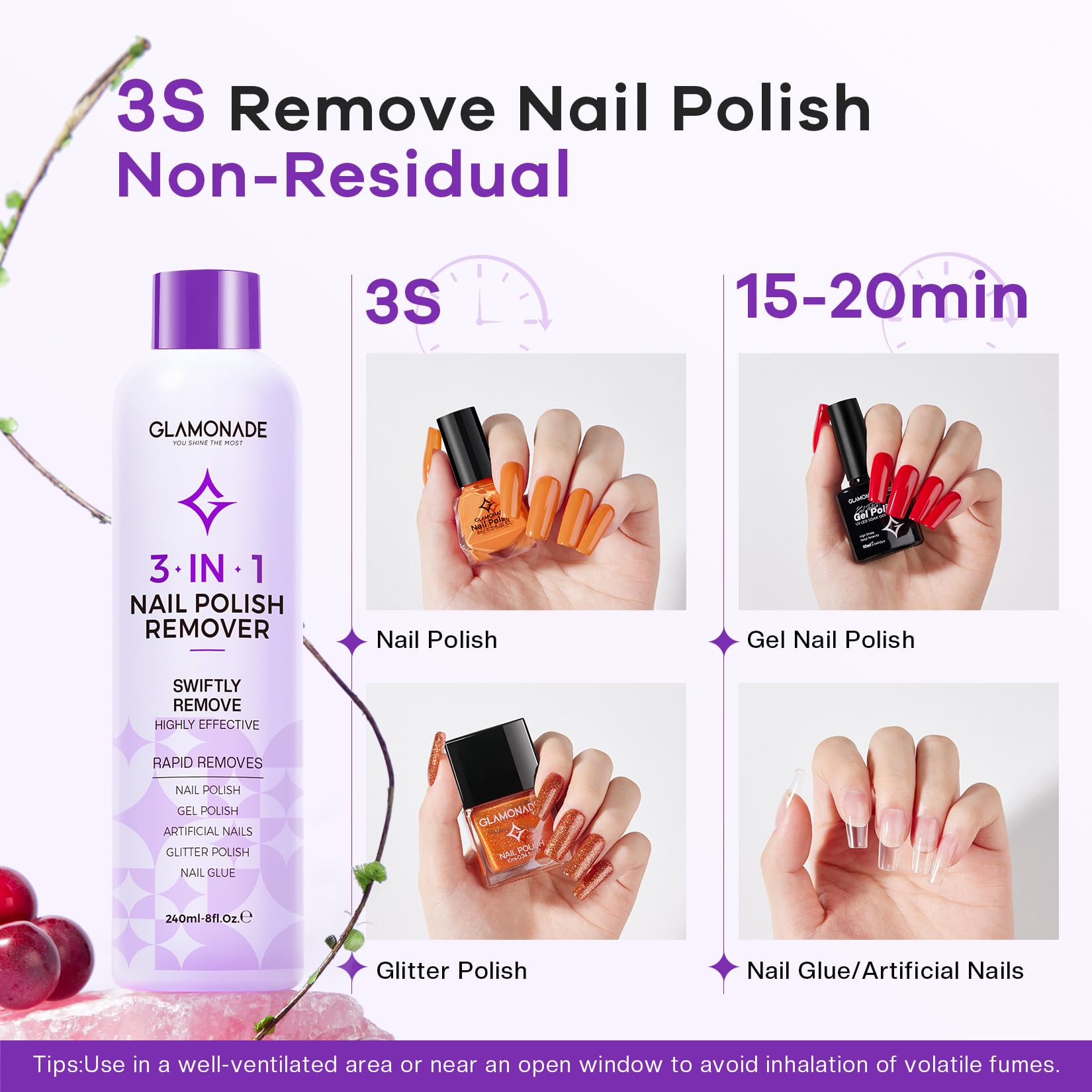Glamonade Acetone Nail Polish Remover Kit: Gel Polish Remover with 100 Foil Wraps, Nail File & Cuticle Oil (8 Fl. Oz.)