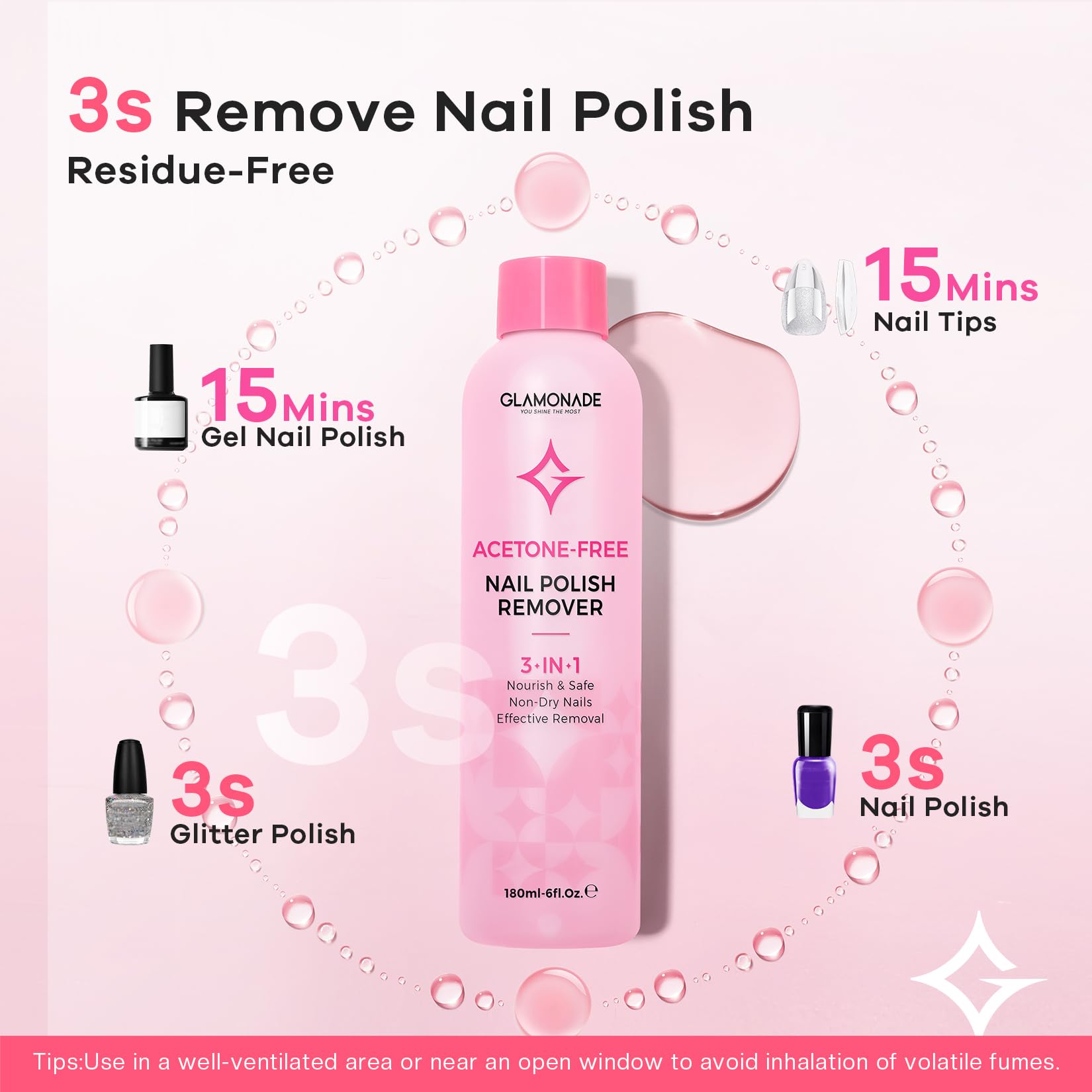 Glamonade Gel Nail Polish Remover – Non-Acetone Soak Off, Rose Seed Oil, 6 oz | Home Salon Essentials