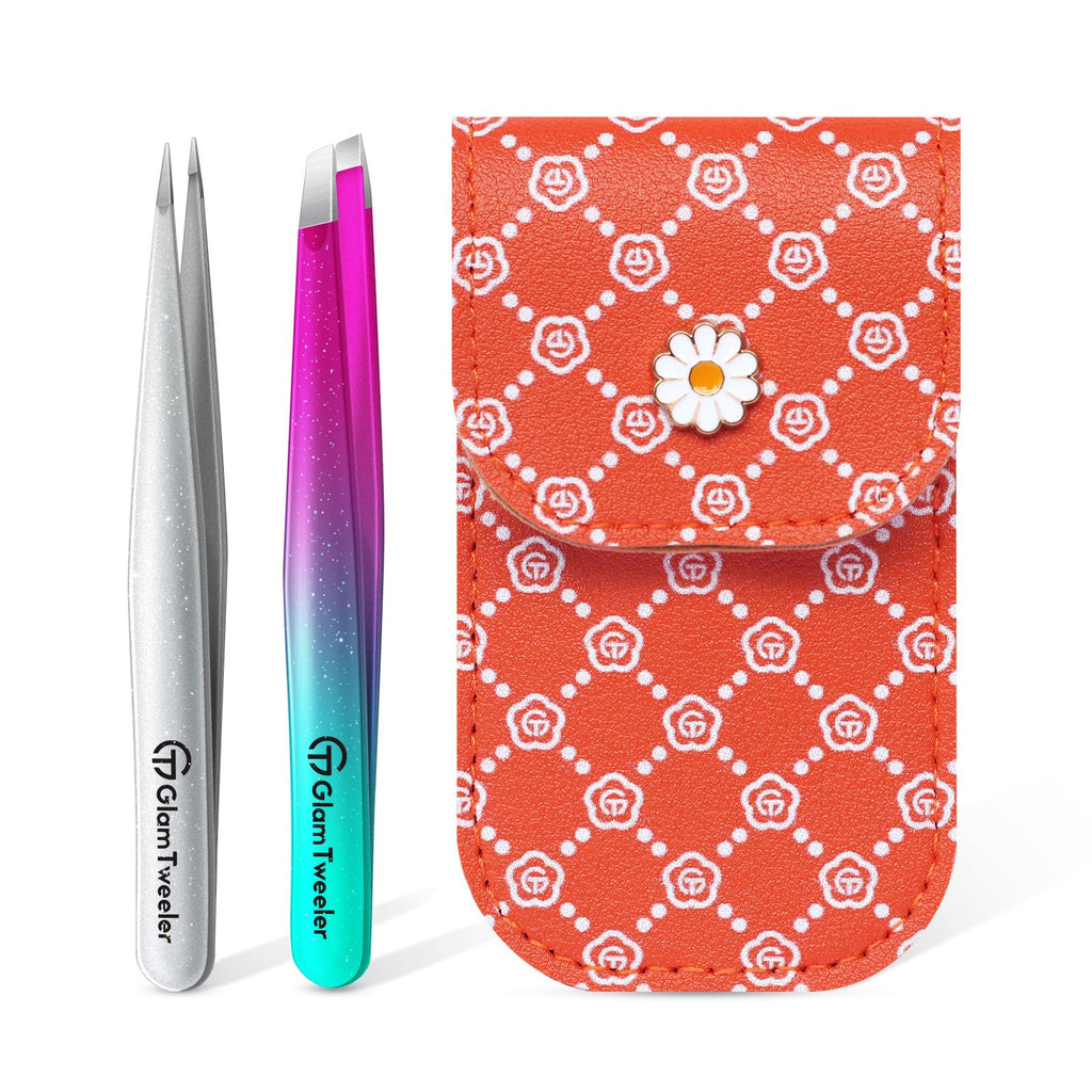 GlamTweeler Expert Slant & Point Tweezer Set with Travel Case - Precision Eyebrow & Facial Hair Tools