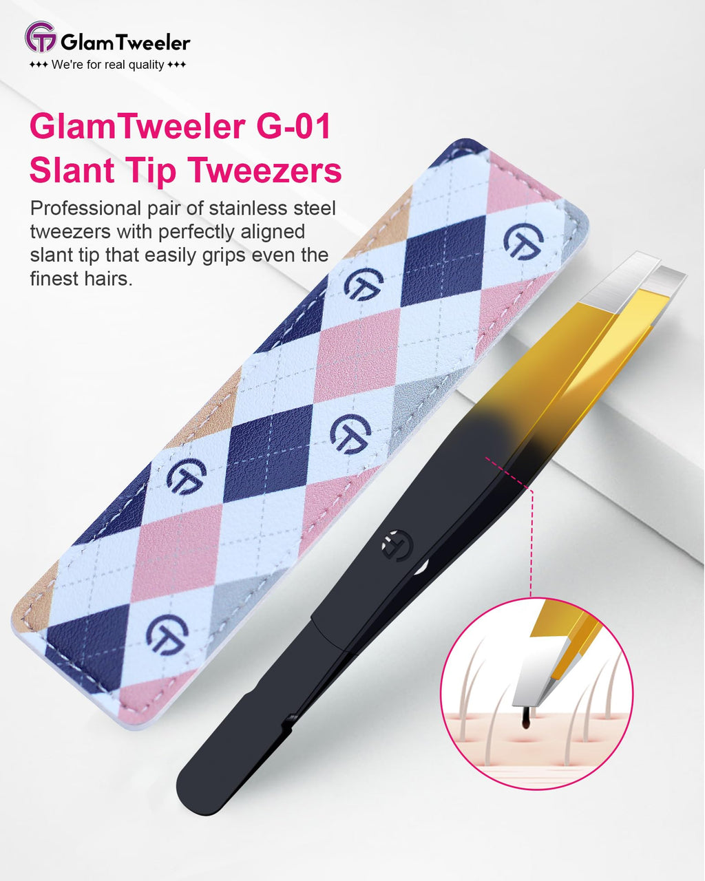 G-01 Exclusive Slant Tip Tweezers by GlamTweeler – High-Precision Eyebrow & Facial Hair Removal with Leather Case (Black & Gold)