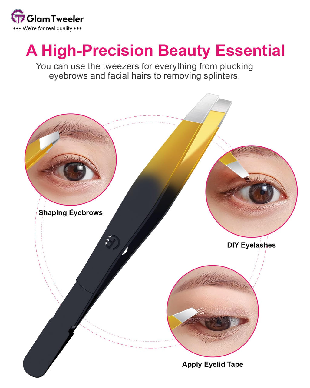 G-01 Exclusive Slant Tip Tweezers by GlamTweeler – High-Precision Eyebrow & Facial Hair Removal with Leather Case (Black & Gold)