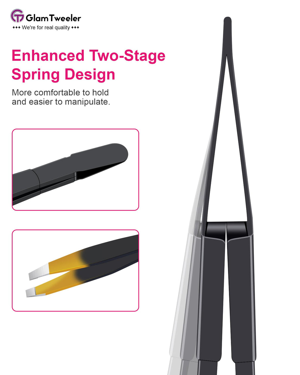 G-01 Exclusive Slant Tip Tweezers by GlamTweeler – High-Precision Eyebrow & Facial Hair Removal with Leather Case (Black & Gold)