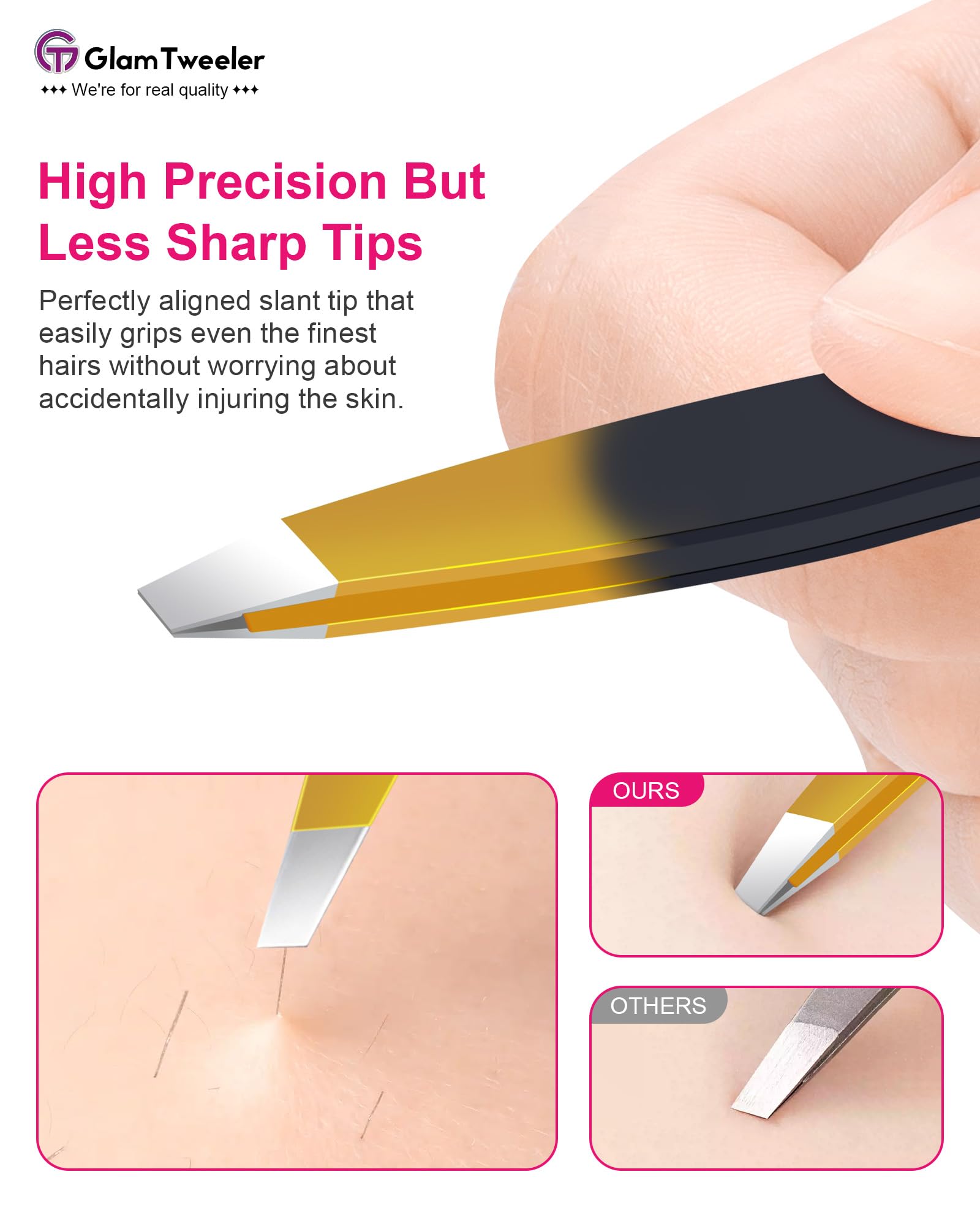 G-01 Exclusive Slant Tip Tweezers by GlamTweeler – High-Precision Eyebrow & Facial Hair Removal with Leather Case (Black & Gold)