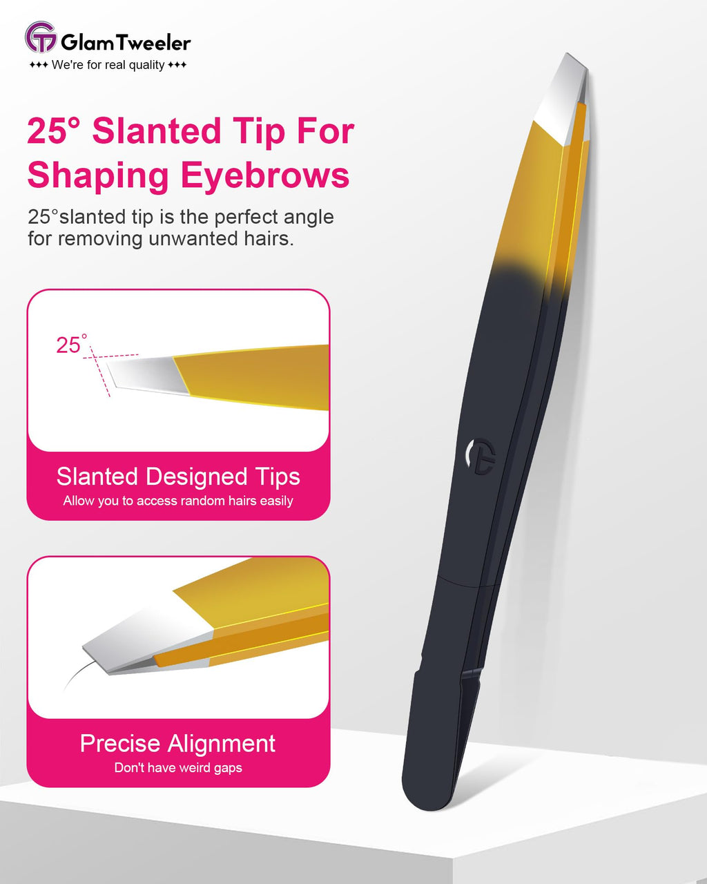 G-01 Exclusive Slant Tip Tweezers by GlamTweeler – High-Precision Eyebrow & Facial Hair Removal with Leather Case (Black & Gold)
