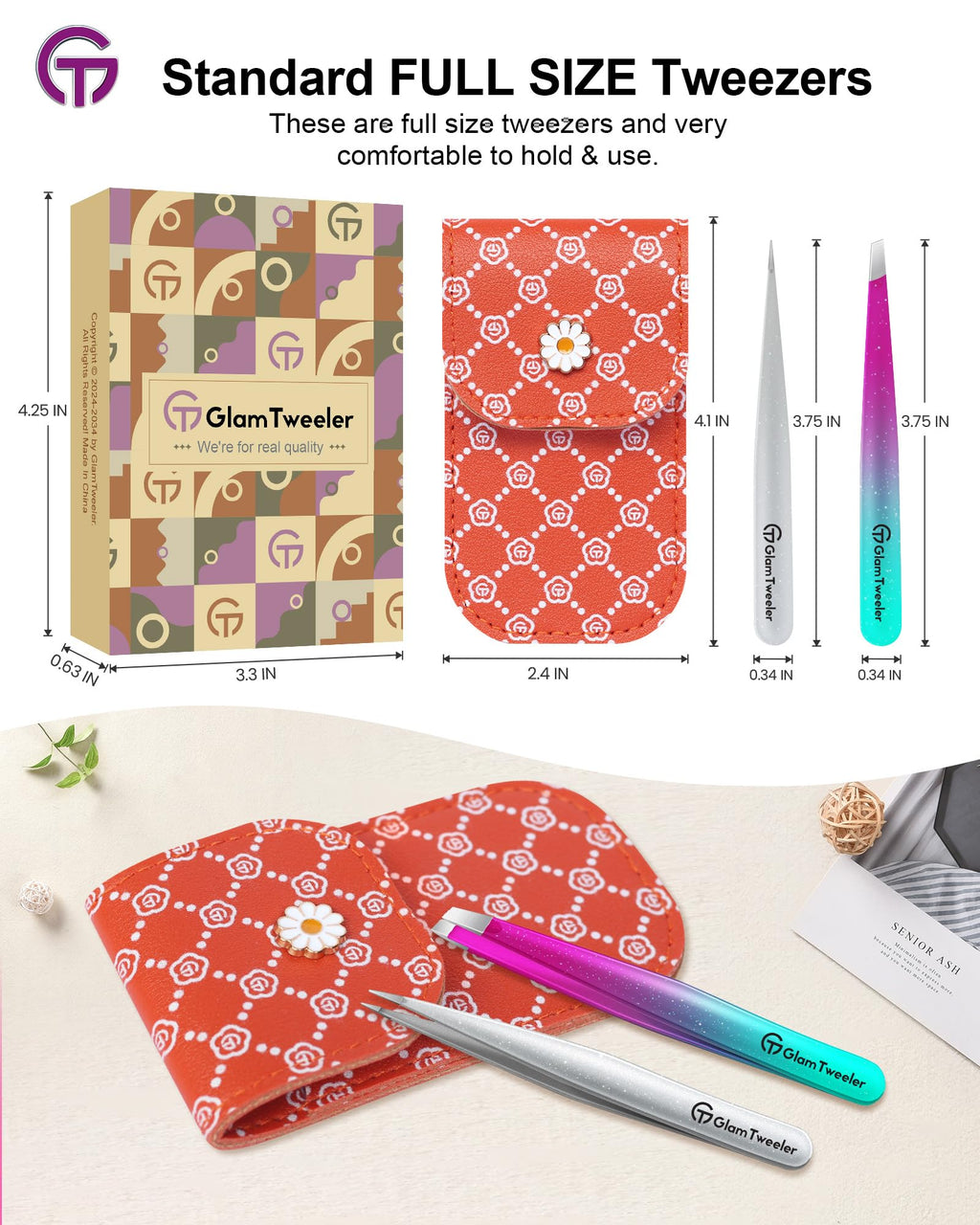 GlamTweeler Expert Slant & Point Tweezer Set with Travel Case - Precision Eyebrow & Facial Hair Tools