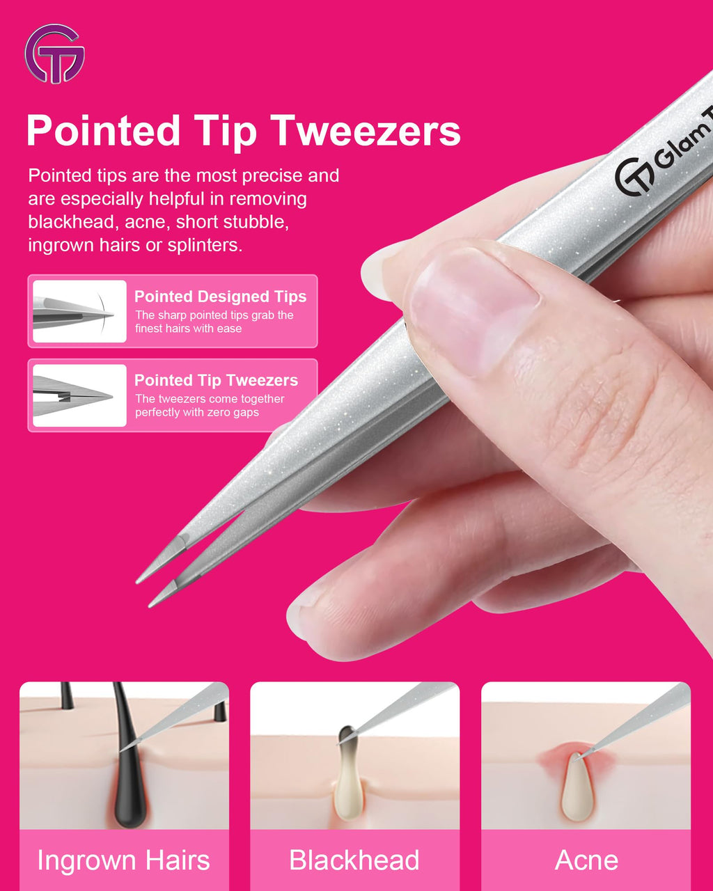GlamTweeler Expert Slant & Point Tweezer Set with Travel Case - Precision Eyebrow & Facial Hair Tools