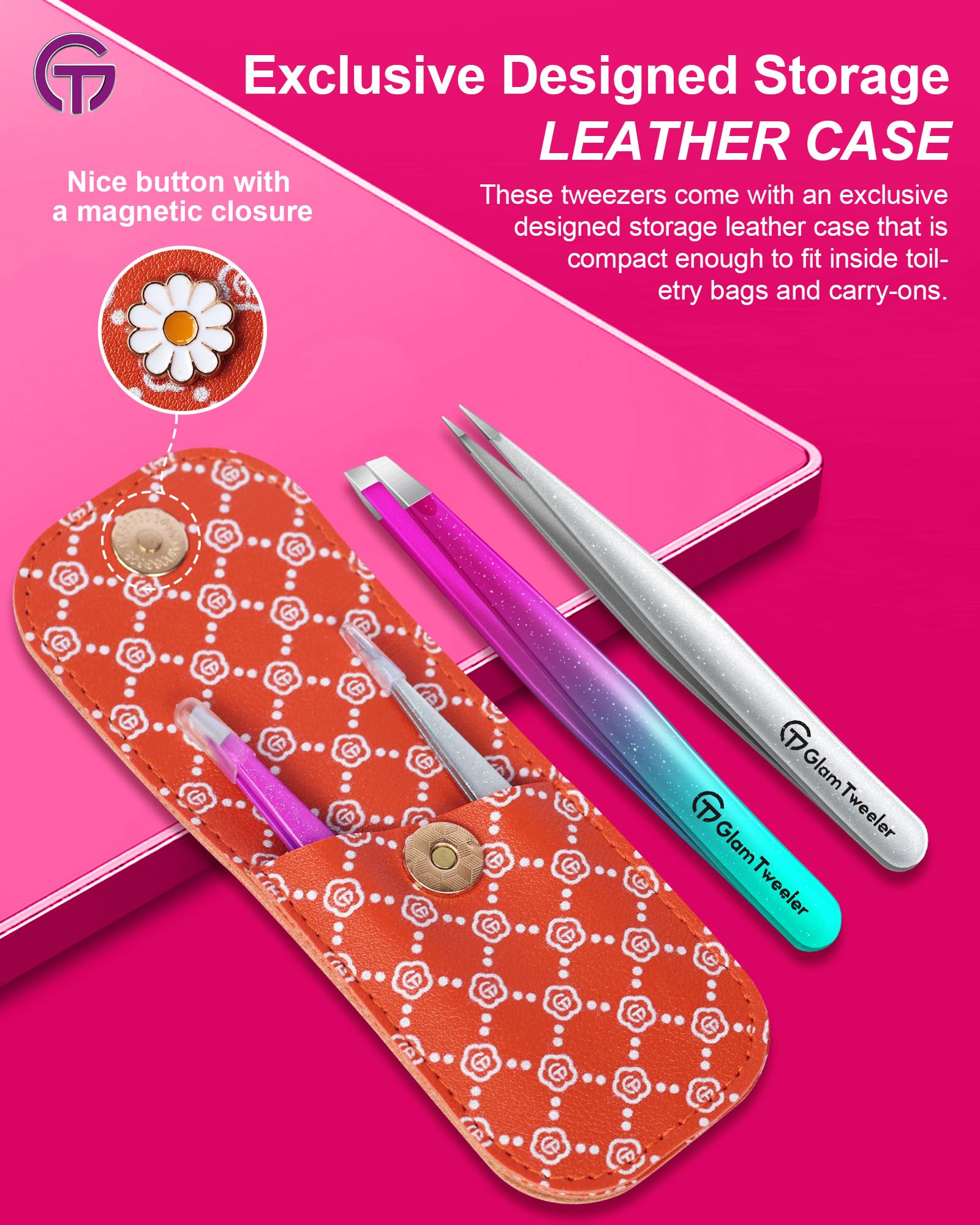 GlamTweeler Expert Slant & Point Tweezer Set with Travel Case - Precision Eyebrow & Facial Hair Tools