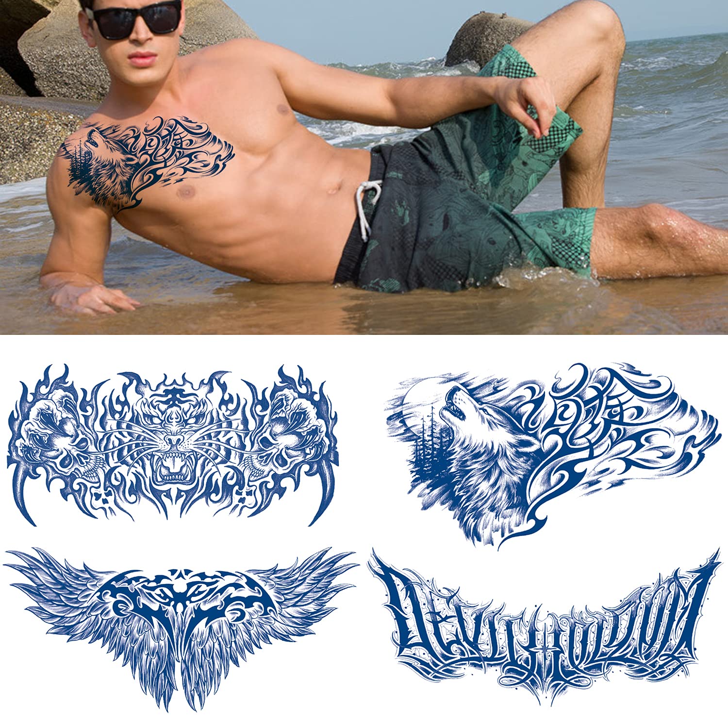 Glaryyears Semi Permanent Tattoos for Men – 4 Sheet Kit Large Realistic Temporary Tattoos