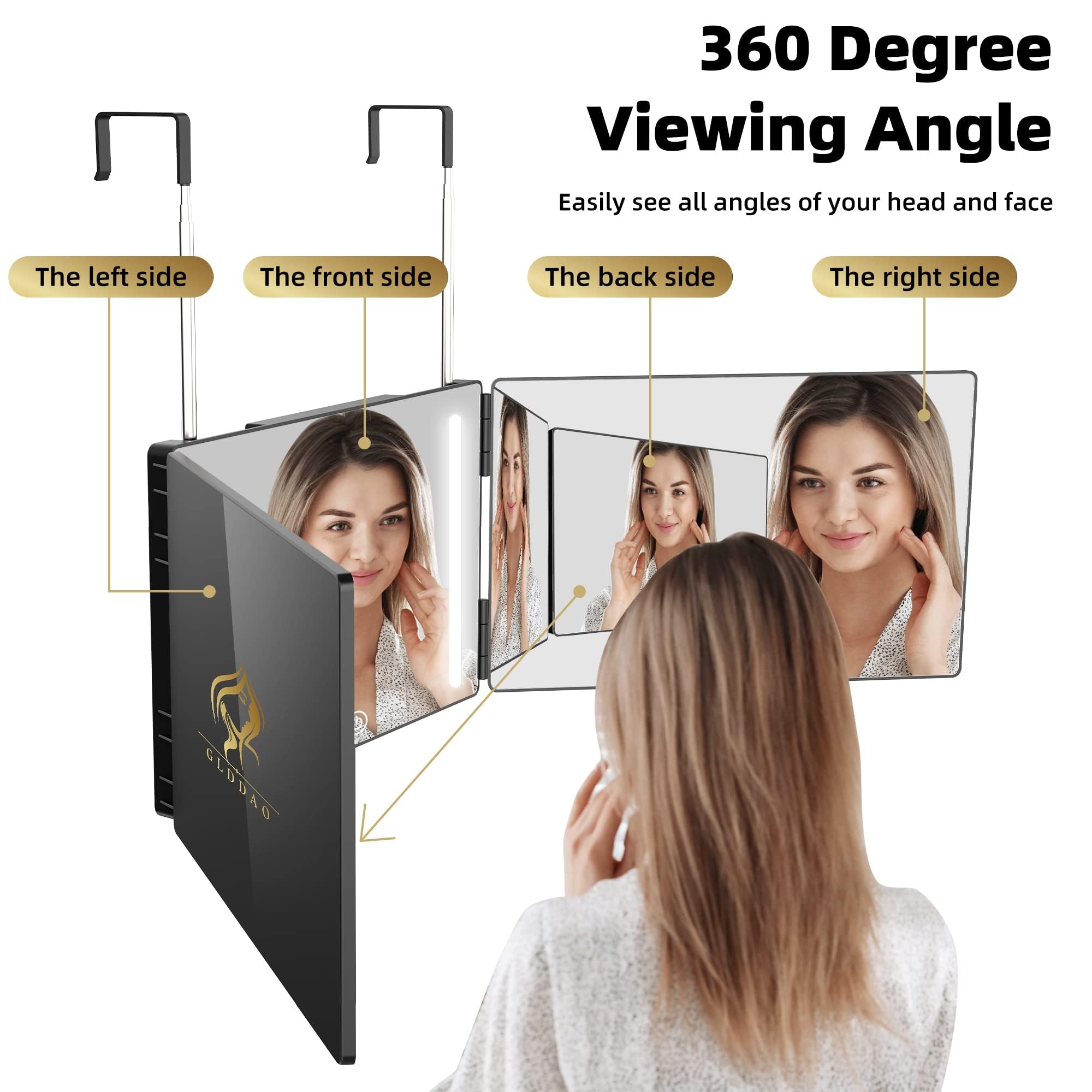 GLDDAO Three Way Mirror with LED Lights – 360° Trifold Vanity for Braiding, Haircuts & Self-Care