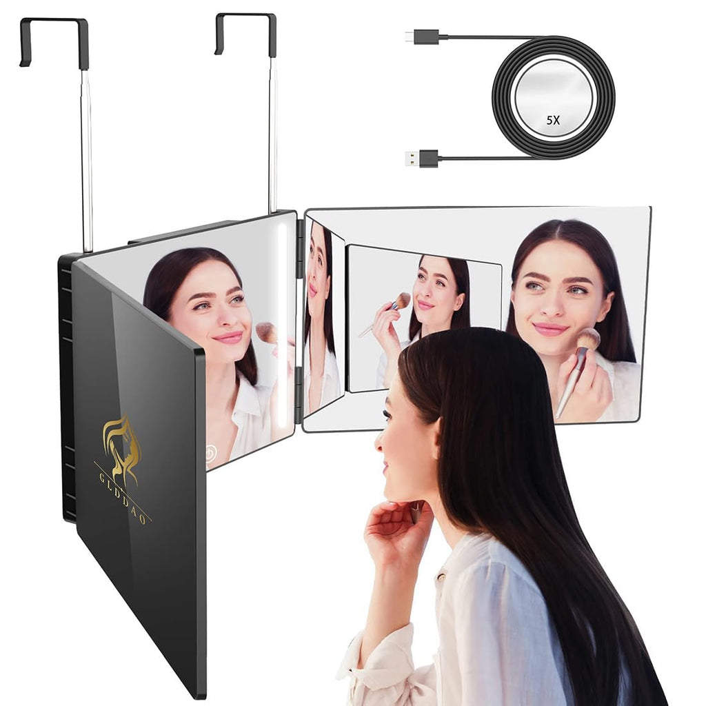 GLDDAO Three Way Mirror with LED Lights – 360° Trifold Vanity for Braiding, Haircuts & Self-Care