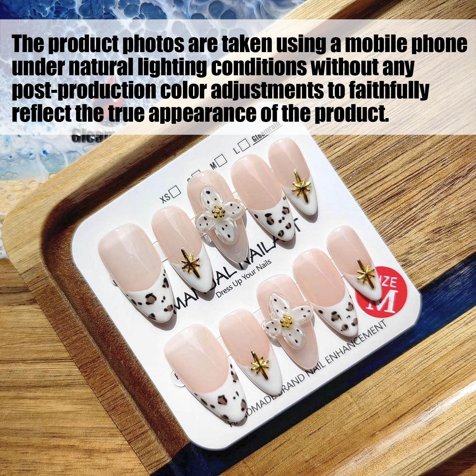 Gleamrain Luxury Handmade Press-On Nails – Almond Shape, M Size, 10Pcs with Floral 3D Design