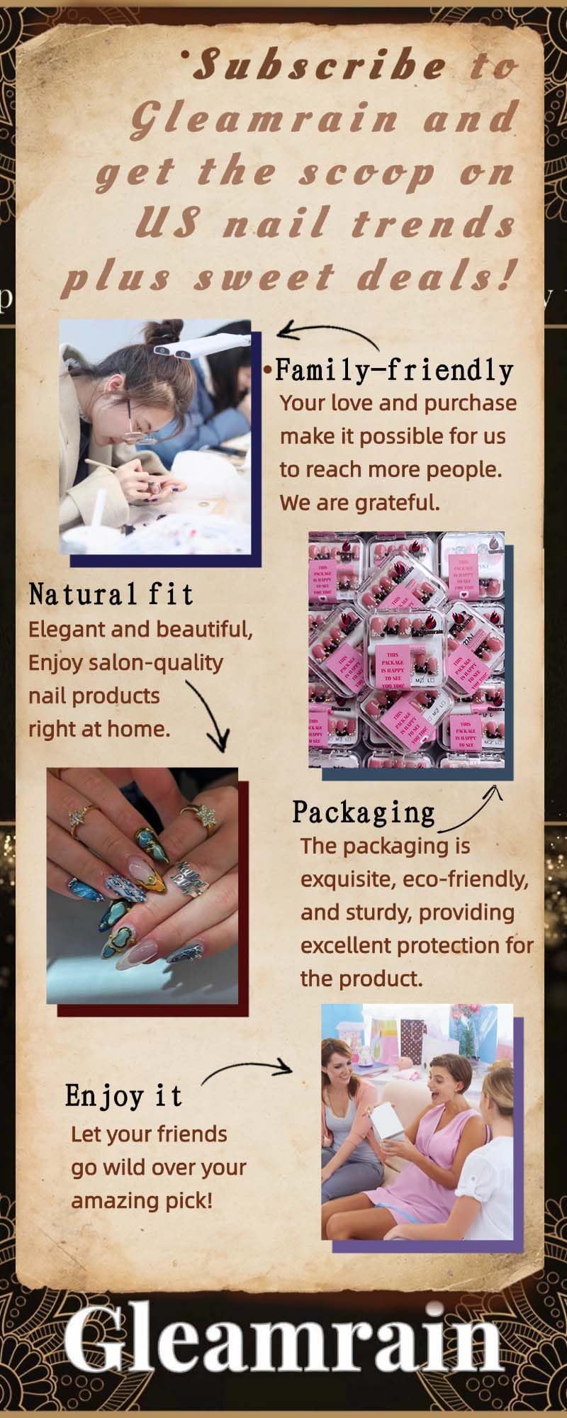 Gleamrain Almond Handmade Press-On Nails – Medium Length Nude Floral French Tip