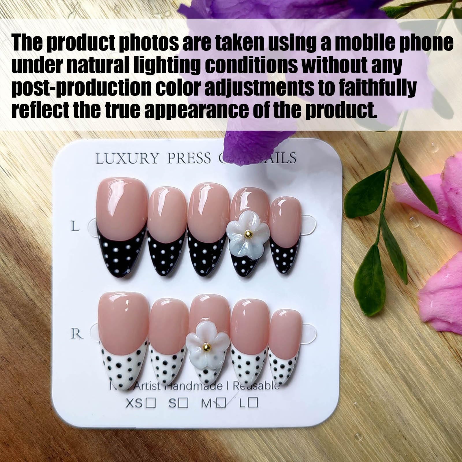 Gleamrain Handmade Almond Press-On Nails – Medium (M), 10-Piece Luxury Floral Design