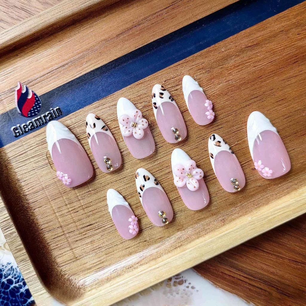 Gleamrain Almond Press-On Nails – Handmade Luxury M Size, 10Pcs, Floral 3D Design