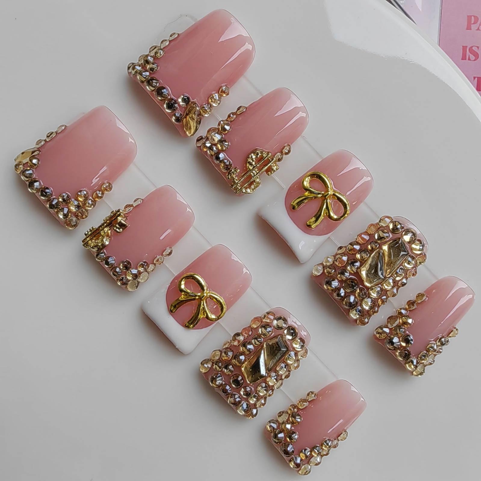 Gleamrain Duck Press-On Nails – Pink Rhinestones & Bow, Handmade 10pcs M (Pattern 1102)
