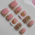 Gleamrain Duck Press-On Nails – Pink Rhinestones & Bow, Handmade 10pcs M (Pattern 1102)