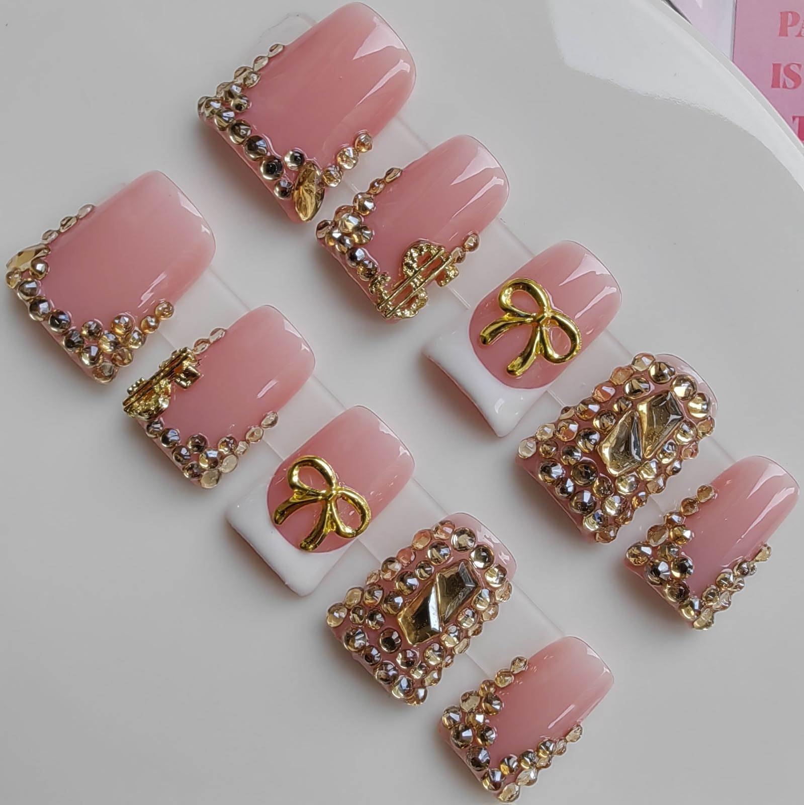 Gleamrain Duck Press-On Nails – Pink Rhinestones & Bow, Handmade 10pcs M (Pattern 1102)