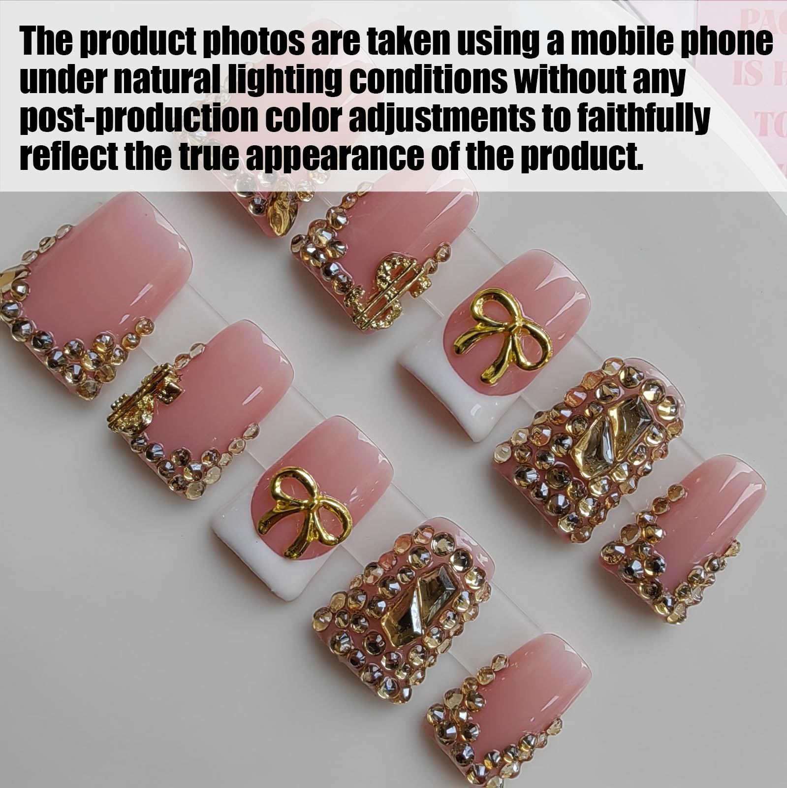 Gleamrain Duck Press-On Nails – Pink Rhinestones & Bow, Handmade 10pcs M (Pattern 1102)