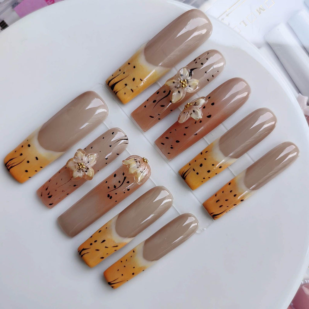 Gleamrain Extra Long Square Press-On Nails – Yellow Flower Design, 10pcs, Size M, Pattern 1101