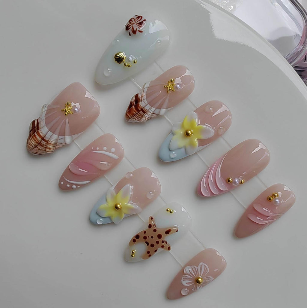 Gleamrain Handmade Almond Medium Press-On Nails – Nude with 3D Flowers & Starfish (10 Pcs)
