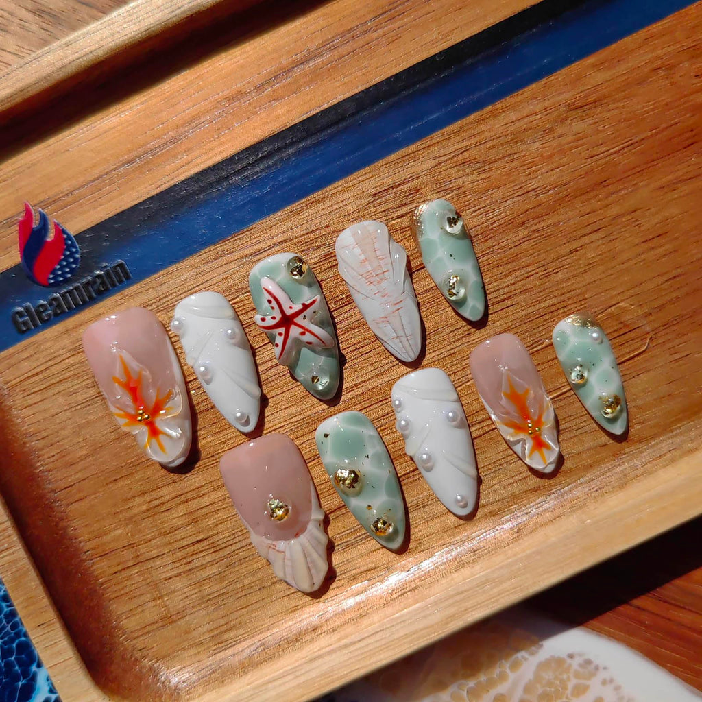 Gleamrain Handmade Press-On Nails – Almond Shape, Size M, Luxury 10-Piece Set by P04