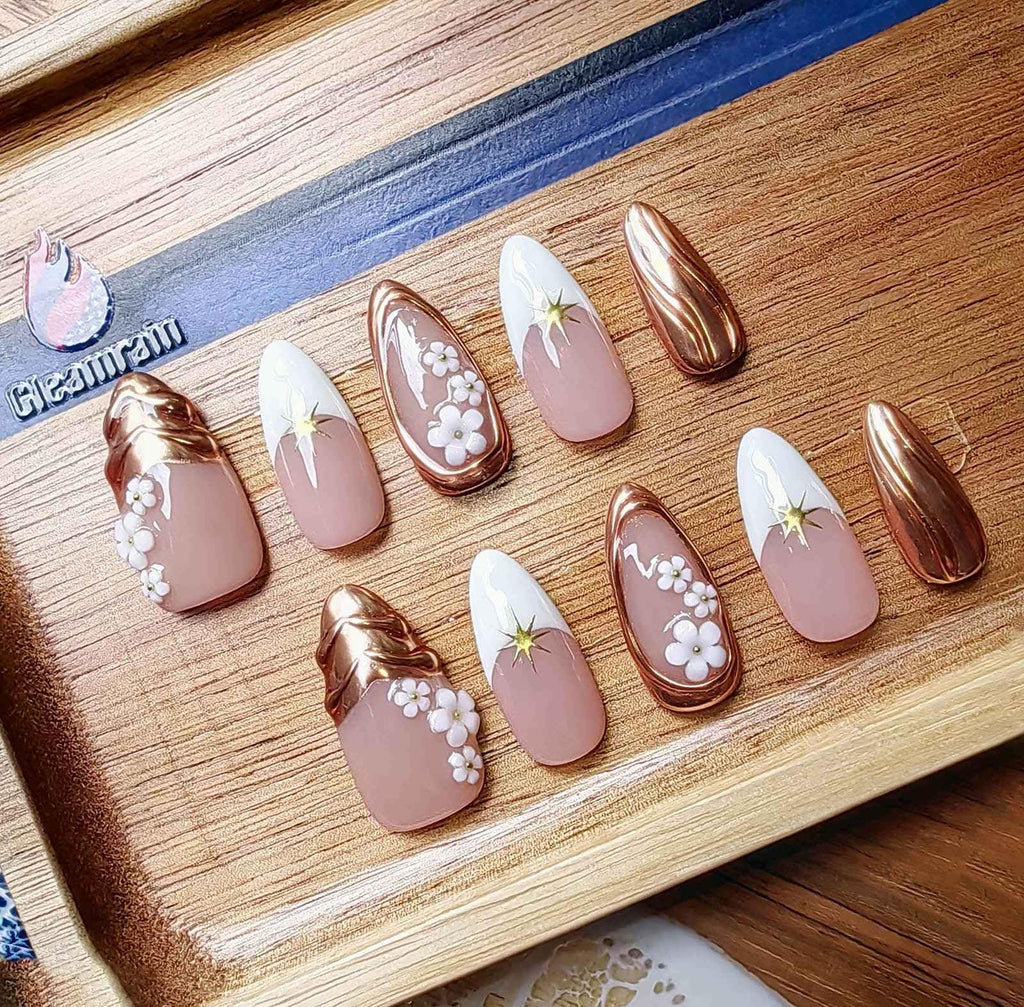 Gleamrain Almond Shape Press-On Nails – 10 Pcs, Medium (M) | Floral Design