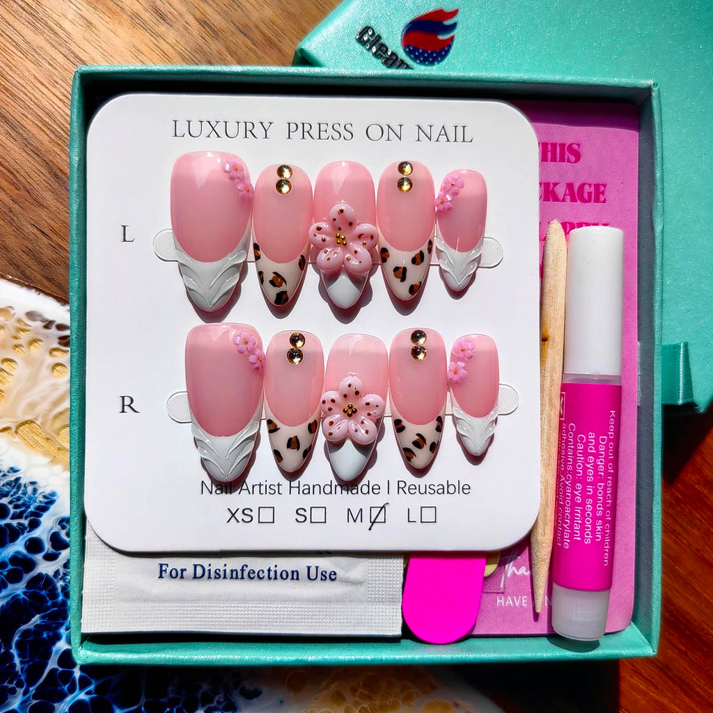 Gleamrain Almond Press-On Nails – Handmade Luxury M Size, 10Pcs, Floral 3D Design