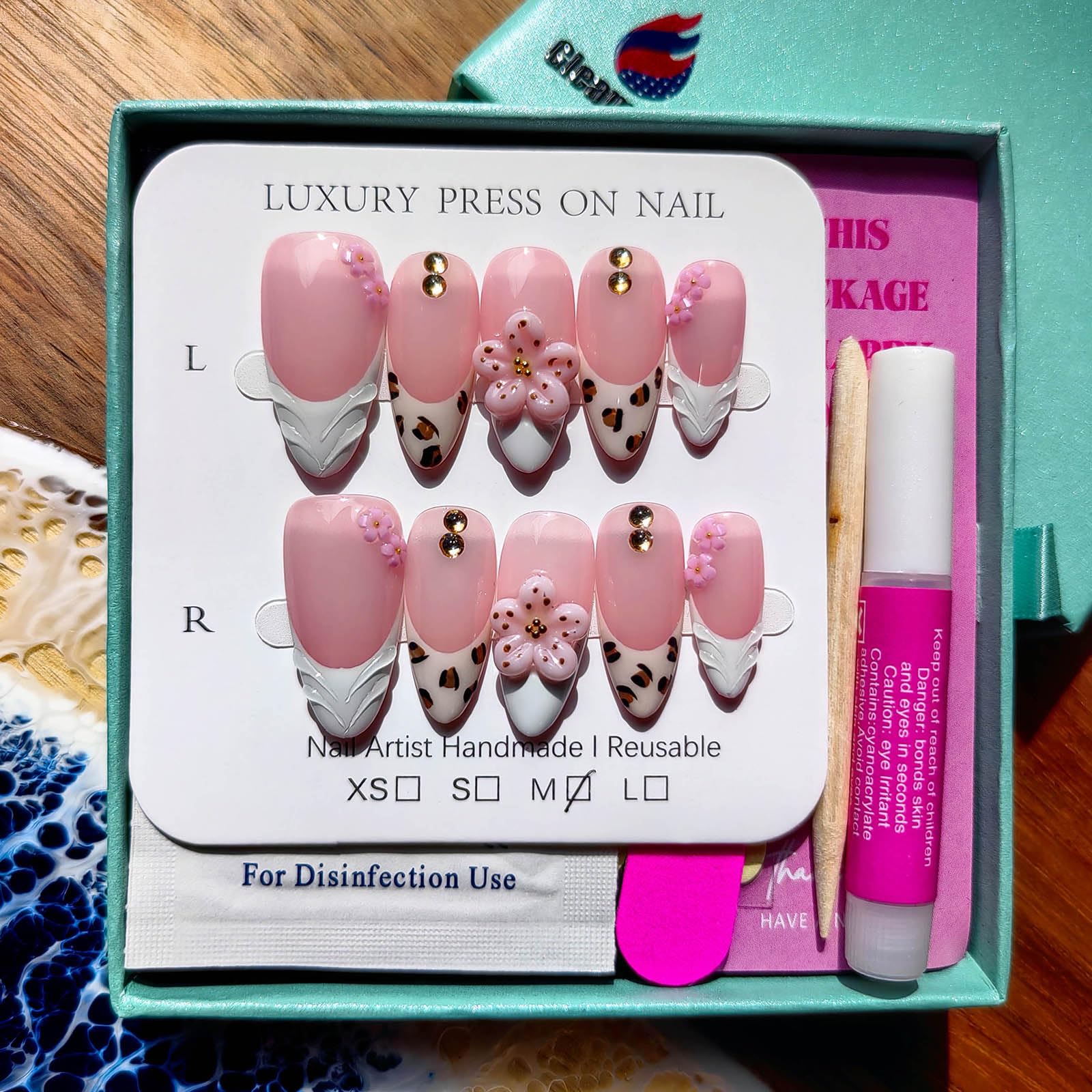 Gleamrain Almond Press-On Nails – Handmade Luxury M Size, 10Pcs, Floral 3D Design