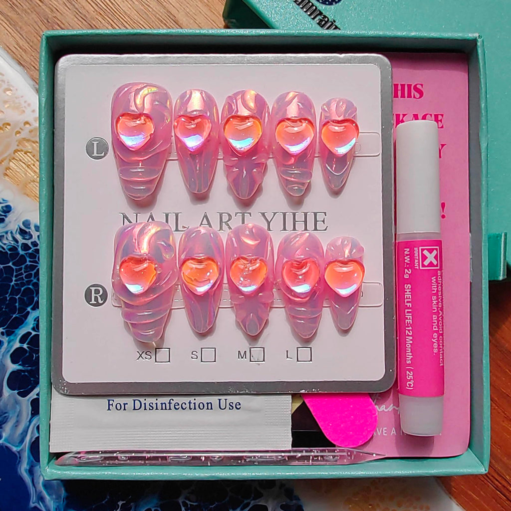 Gleamrain Handmade Press-On Nails – Pink Almond Shape (M), Heart Design, 10 Pcs