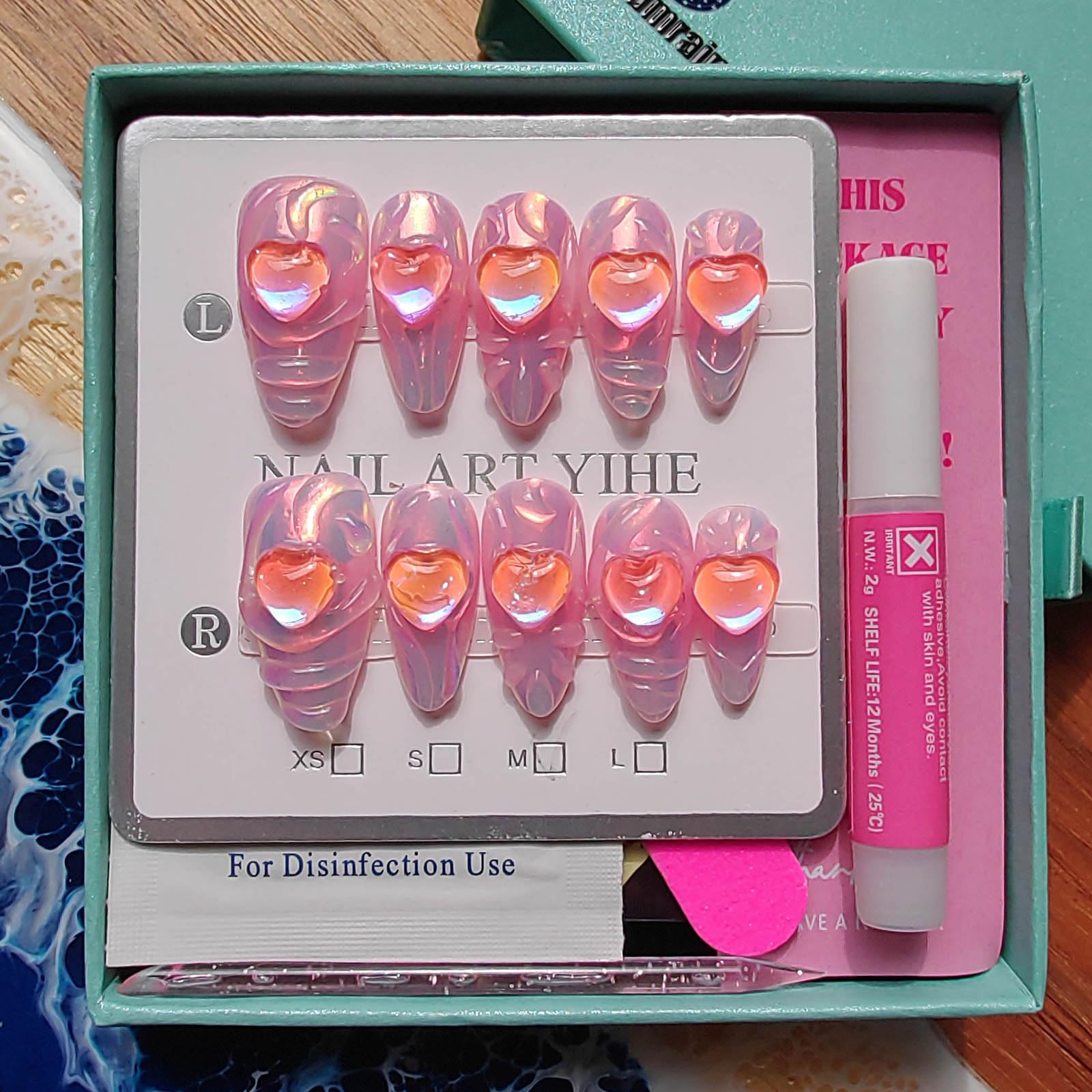 Gleamrain Handmade Press-On Nails – Pink Almond Shape (M), Heart Design, 10 Pcs