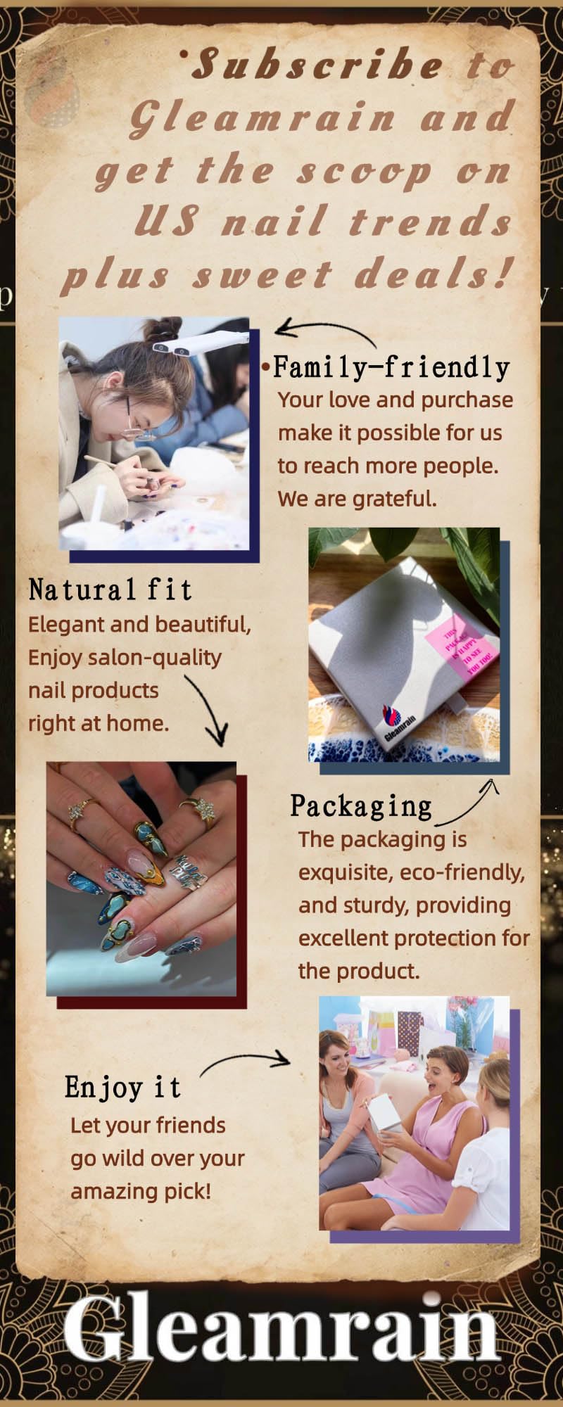 Gleamrain Almond Press-On Nails – Handmade Luxury M Size, 10Pcs, Floral 3D Design