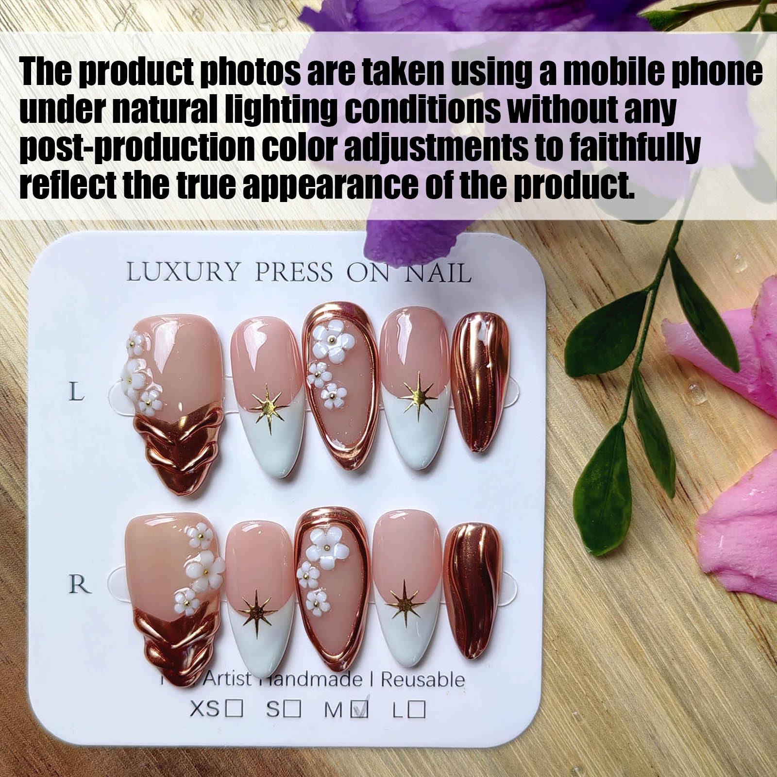 Gleamrain Almond Shape Press-On Nails – 10 Pcs, Medium (M) | Floral Design
