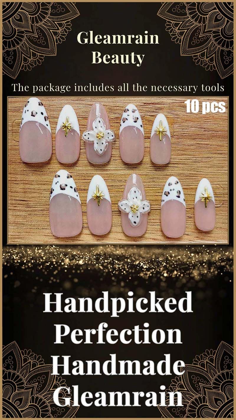 Gleamrain Luxury Handmade Press-On Nails – Almond Shape, M Size, 10Pcs with Floral 3D Design