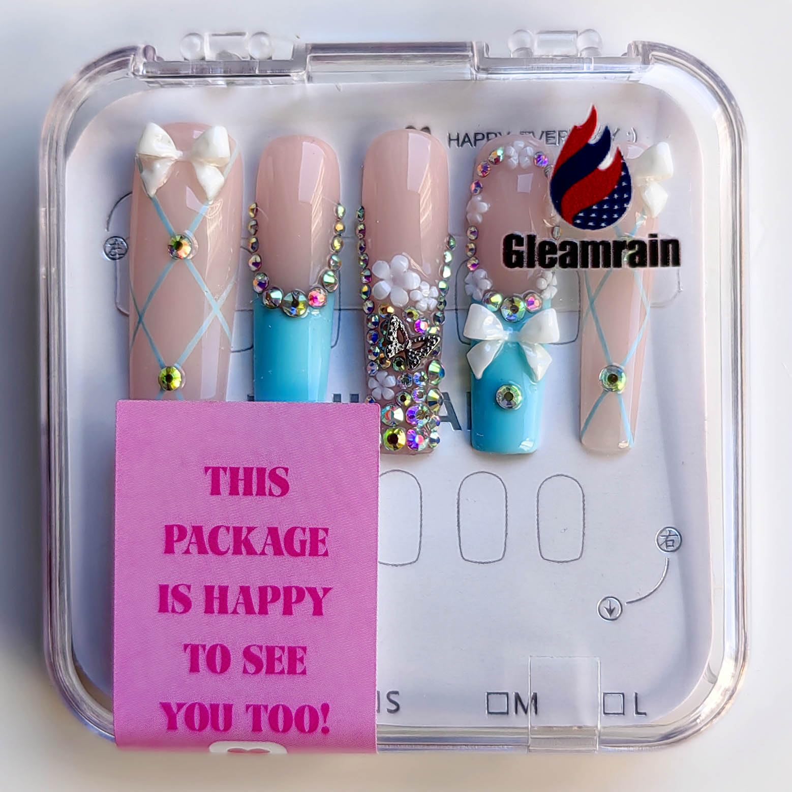 Gleamrain XL Long Press-On Nails – Handmade Square Nails with Floral Pattern, 10pcs, Size M (1102)